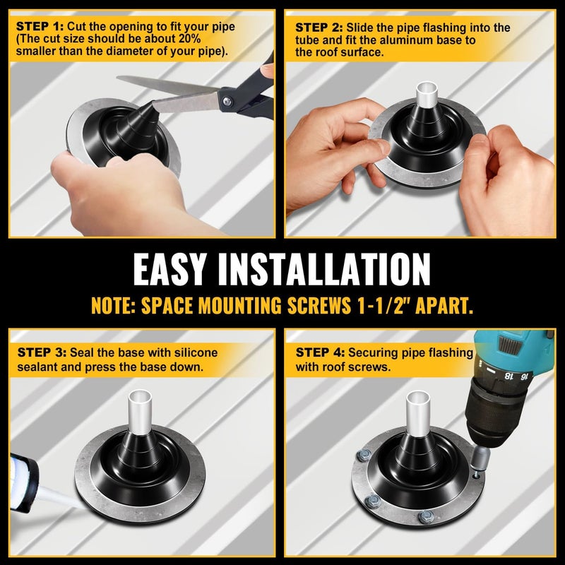 VIVIDA #0 EPDM Metal Roof Pipe Flashing Boot, Flexible Roof Jack Flashing Boot for Pipe OD 0" to 1-3/8", Screws & Hex Socket Included, Black, 1 Pack - Image 5